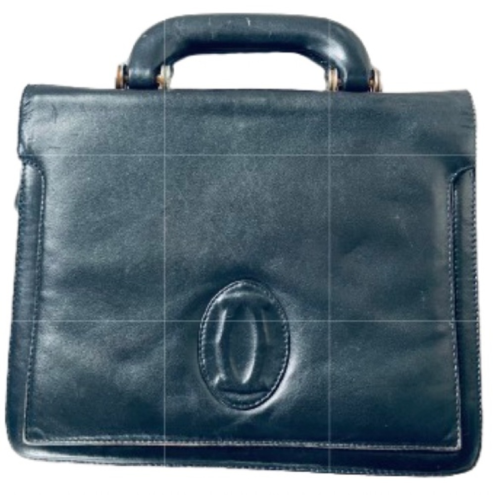 CARTIER BLACK LEATHER VINTAGE TOTE BAG GOLD TONE HARDWARE - Picture 3 of 17